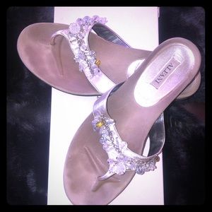 Silver Alfani sandals with jewel embellishments.